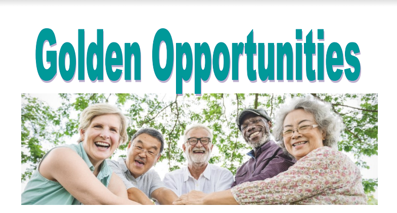 Golden Opportunities Banner - older friends standing in a circle with their hands in the middle