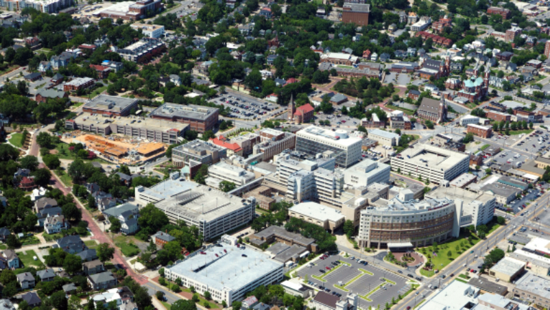 Atrium Health Navicent cityscape aerial photo.