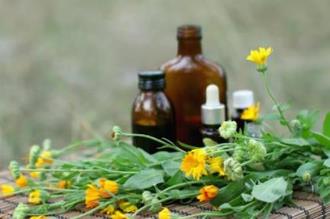 Herb based medicines sitting on a rock beside some cut flowers